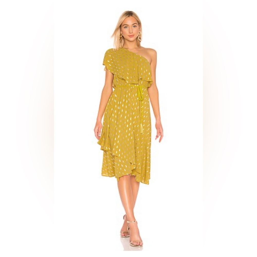 Stun in Mustard! Like-New House of Harlow 1960 One-Shoulder Ruffle Dress